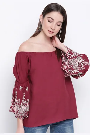 Mayra Floral Embroidered Off-Shoulder Bell Sleeves Bardot Top