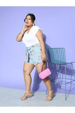 Berrylush Plus Size Women Floral Printed High-Rise Shorts with Belted Detail