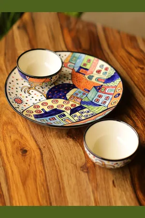 ExclusiveLane Off White & Blue 3 Pcs Printed Ceramic Glossy Dinner Set