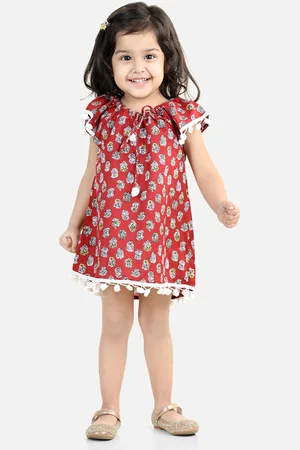 BownBee Floral Printed Cotton Tie-Ups Neck Flared Sleeves A-Line Dress