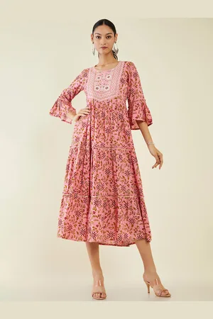 Soch Bell Sleeves Tiered Floral Printed Fit & Flare Midi Ethnic Dress