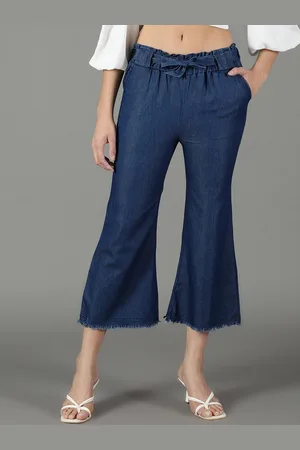 SHOWOFF Women Frayed Hem Denim High-Rise Cropped Bootcut Trousers