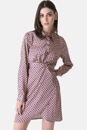 Kazo Shirt Collar Ethnic Motifs Printed Tie-Up Satin Wrap Dress