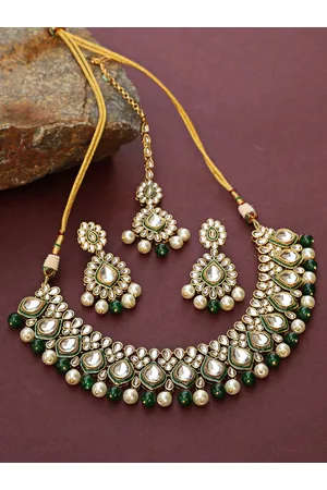 Jazz and Sizzle Gold-Plated Green & White Kundan-Studded Beaded Jewellery