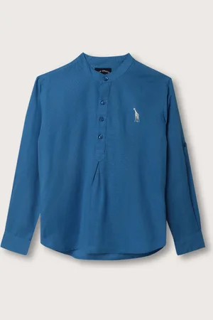 Blue Giraffe Boys Mandarin Collar Roll Up Sleeves Cotton Casual Shirt