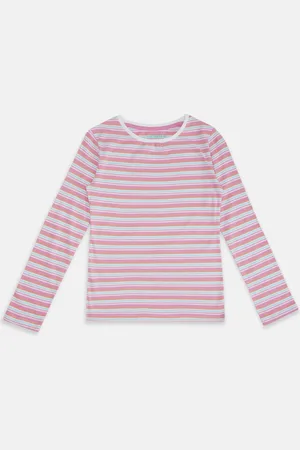 Pantaloons Girls White & Pink Striped Cotton Round Neck T-shirt