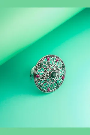 Aadita Silver Plated Stone Studded Adjustable Finger Ring