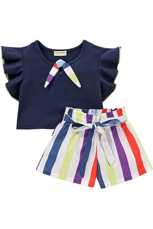 CrayonFlakes Girls Flutter Sleeves Top with Striped Shorts