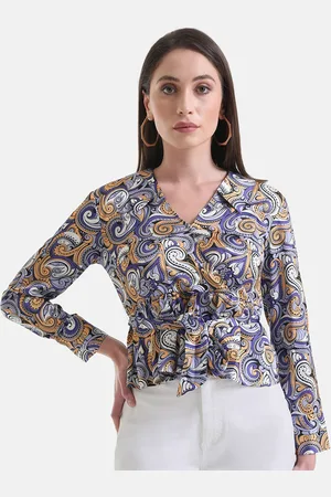 Kazo Ethnic Motifs Printed Waist Tie-Ups Peplum Satin Wrap Top
