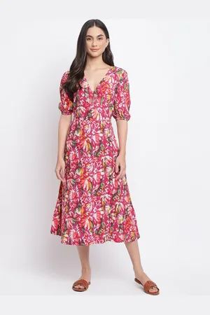 Fabindia Magenta & Green Floral Printed Cotton Linen Wrap Midi Dress