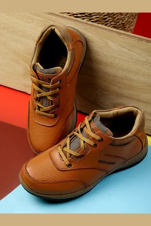 Red Chief Men Tan Brown Solid Leather Mid-Top Sneakers