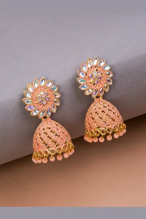 HOUSE OF ARLI Gold-Plated Stone-Studded & Beaded Dome Shaped Jhumkas Earrings