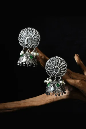 Fida Women Silver Plated Peacock Shaped Jhumkas Earrings