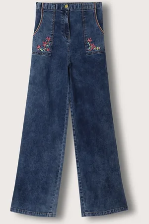 Blue Giraffe Girls Embroidered Pure Cotton Mid-Rise Wide Leg Jeans