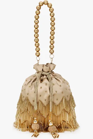 Anekaant Women Champagne & White Embellished Tasselled Potli Clutch