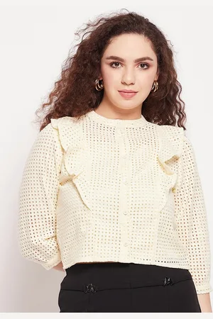 MADAME Women Band Collar Self Design Ruffles Casual Shirt With Slip