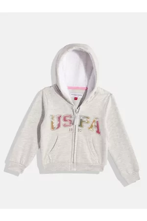 Ralph Lauren Girls Grey Melange Brand Logo Printed Hooded Sweatshirt