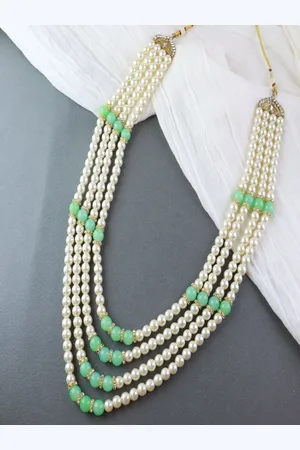 I Jewels Men White & Green Gold-Plated Dulha Moti Necklace