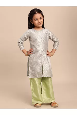 Ahalyaa Girls Gold & Green Ethnic Motifs Printed Gotta Patti Kurta with Palazzos