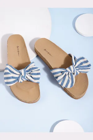 Mast & Harbour Women Blue & White Striped Open Toe Flats with Bow Detail