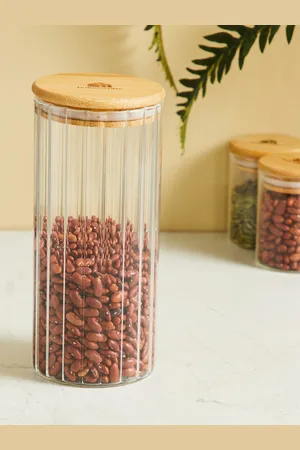 Home Centre Spinel Transparent & Brown Textured Glass Storage Canister With Bamboo Lid 1 L