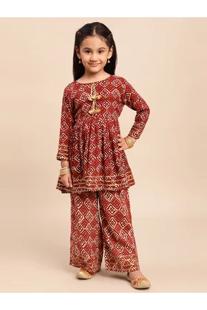 Ahalyaa Girls Maroon Printed Kurta with Palazzos