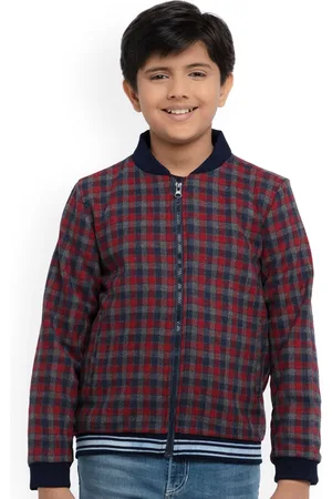 UNDER FOURTEEN ONLY Boys Red & Navy Blue Checked Bomber Jacket