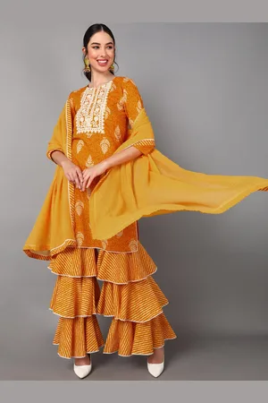 Ahika Women Mustard Yellow Bandhani Embroidered Angrakha Pure Cotton Kurti with Sharara