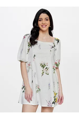AND Floral Printed Square Neck Puff Sleeve A-Line Dress