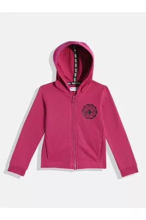Ralph Lauren Girls Fuchsia Pink Solid Hooded Front-Open Sweatshirt With Brand Logo