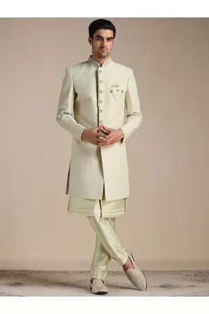 Antique Blue and Chikoo Set with Jaqard Top and Art Silk Trousers Semi  Sherwani.
