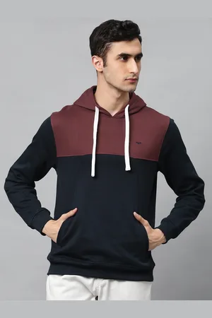 Park Avenue Men Navy Blue & Maroon Slim Fit Colourblocked Hooded Sweatshirt