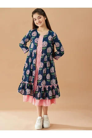 pspeaches Girls Striped A-Line Midi Cotton Dress