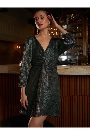 ATHENA Embellished Puff Sleeves Sheath Wrap Dress