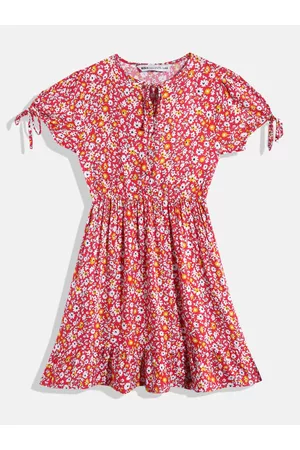 M&H Girls Floral Printed Button Detail Elasticated Waist Fit & Flare Dress