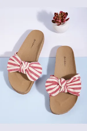 Mast & Harbour Women Off White & Red Striped Open Toe Flats with Bows