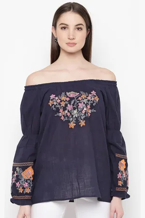 Mayra Floral Embroidered Off-Shoulder Pure Cotton Bardot Top