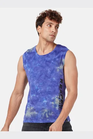 PEOPLE Men Dyed Round Neck Sleeveless Slim Fit Cotton T-shirt