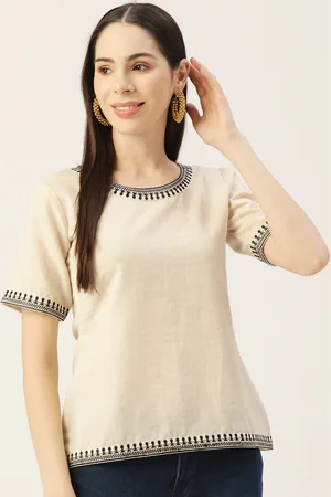 MissKurti Women Off White Solid Tunic with Embroidered Detail