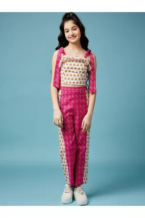 pspeaches Girls Floral Printed Pure Cotton Top with Trousers