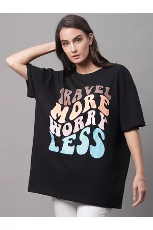 DOOR74 Women Black Typography Printed Oversize T-shirt