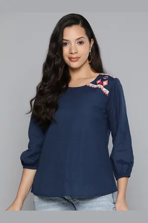 Scouph Geometric Embroidered Puff Sleeves Longline Top