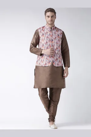 Hangup Men Linen Kurta & Churidar With Printed Nehru Jacket