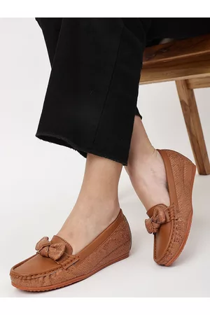 Marc Loire Women Tan Embellished Wedge Loafers With Bows