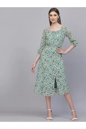 Aayu Floral Printed Tie-Up Neck Puff Sleeves Gathered A-Line Midi Dress