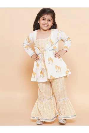 AJ DEZINES Girls Yellow Floral Printed Empire Pure Cotton Kurti with Sharara