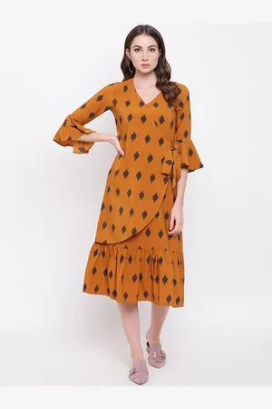 Mayra Ethnic Motifs Printed Bell Sleeves Wrap Style Midi Dress