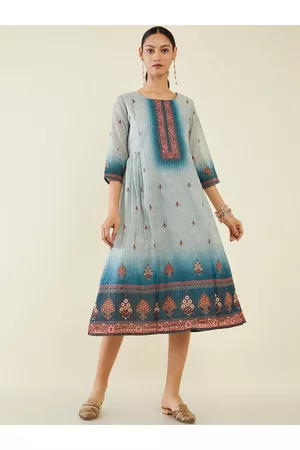 Soch Floral Printed Sequined Chanderi Silk Midi Ethnic Dress