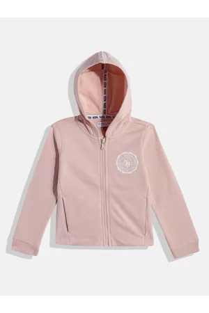 Ralph Lauren Girls Peach Pink Solid Hooded Front-Open Sweatshirt With Brand Logo