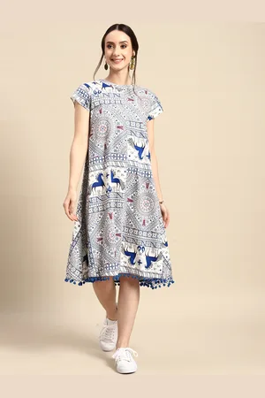 Sangria Printed Pom-Pom Detail A-Line Midi Ethnic Dress